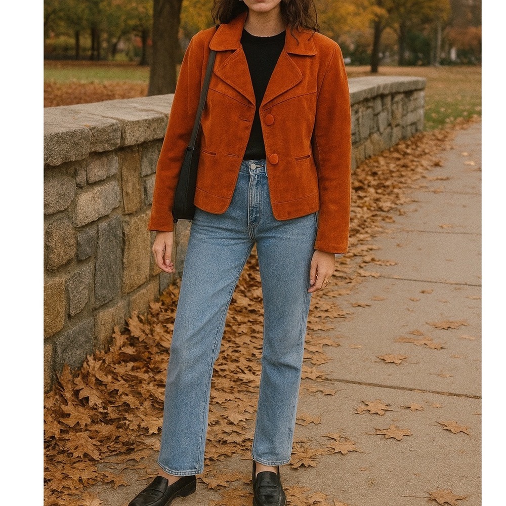 Vintage Y2K 90s Women's Orange Suede Leather Blazer Jacket Gilmore Girls-Size‎ 6
